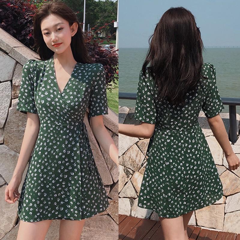 Đầm Nữ Ngắn Tay Cổ Chữ V In Hoa Thời Trang