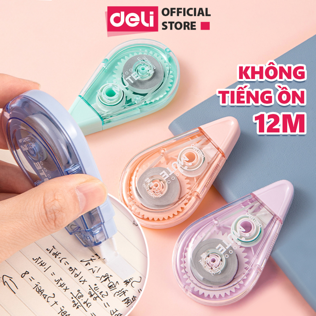 Bút Xóa Băng 12M Không Tiếng Ồn Deli - Che Phủ Tốt Khô Nhanh, Viết Đè Lên Ngay Sau Khi Xóa - Băng kéo học sinh văn phòng