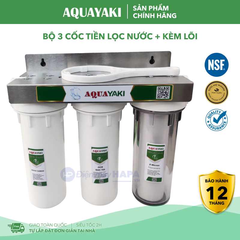 Bộ 3 Cốc Lọc Nước Cao Cấp AQUAYAKI Kèm Lõi 10 inch Cốc Tiền Lọc, Tiền Xử Lý Nước Sạch Tiêu Chuẩn - Hàng Chính Hãng