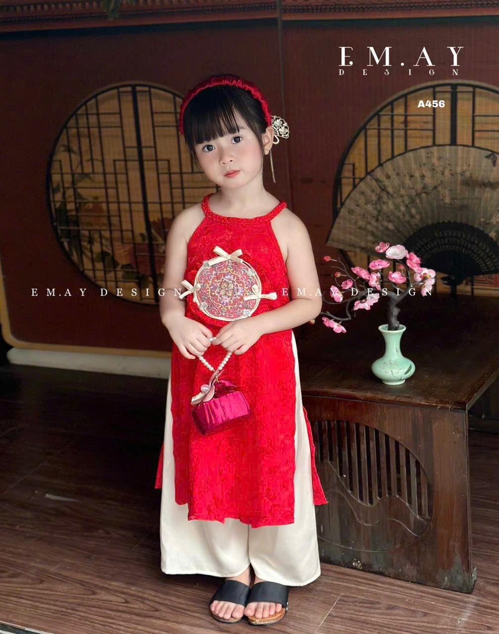 Áo dài cổ yếm phối quần suông cho bé gái mẫu Nàng xuân thướt tha mặc lễ tết năm mới biễu diễn 10-40kg