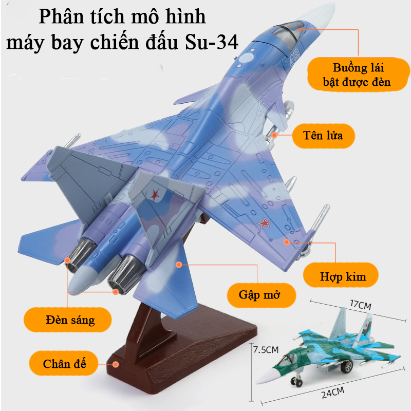 Mô hình máy bay tiêm kích ném bom Su-34 bằng hợp kim có nhạc và đèn chạy cót kèm chân đế