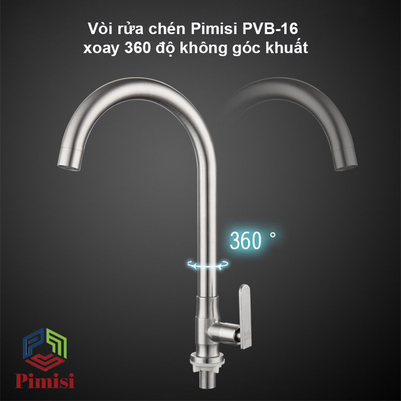 Vòi rửa bát inox 304 Pimisi gắn chậu rửa bát 1 đường nước lạnh đơn cho mọi loại chậu rửa chén phổ biến trong nhà bếp | Hàng chính hãng