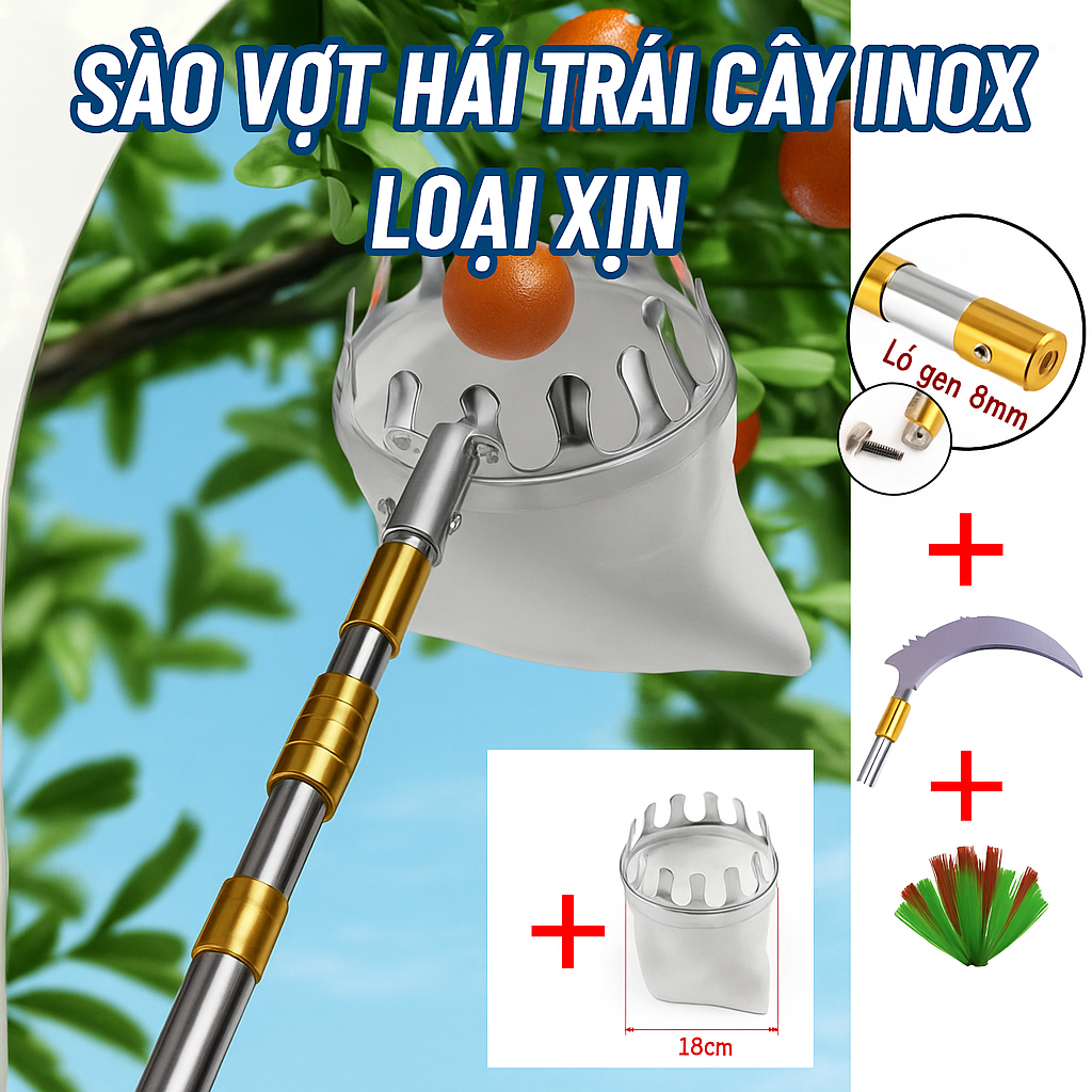 Bộ Sào Vợt Inox Hái Trái Cây Trên Cao 6M – Rút Dài, Kèm 4 Phụ Kiện Cao Cấp Loại 1