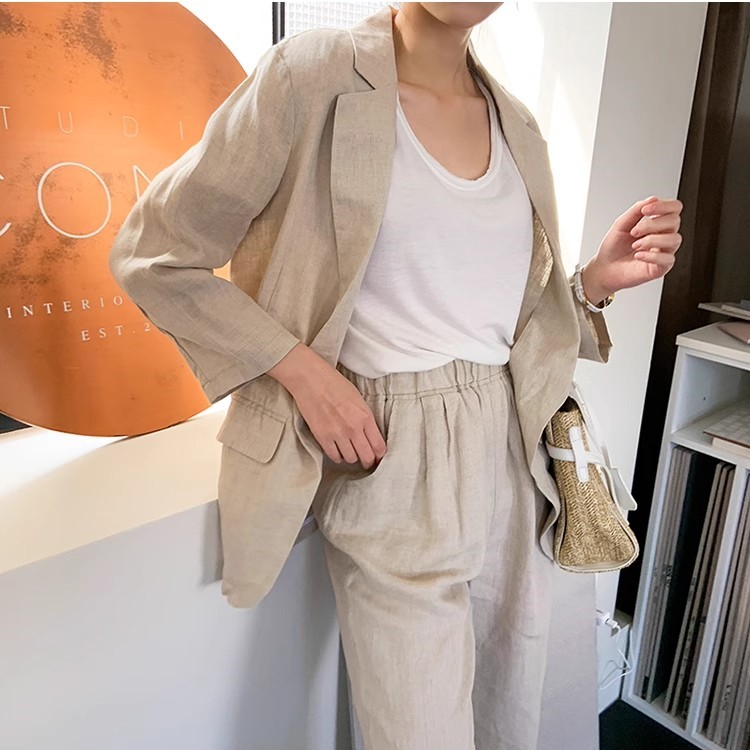 Áo khoác vest blazer nữ Đũi Việt vải linen Hàn, form rộng túi đắp, kiểu dáng công sở (Be) Dv09