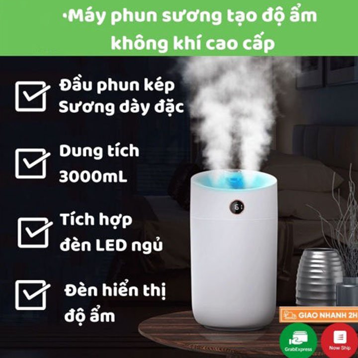 Máy phun sương nano tạo ẩm không khí X12, máy xông và khuyếch tán tinh dầu dung tích 3 lít với chế độ 2 vòi phun, tích hợp đèn ngủ tự thay đổi màu sắc, phun liên tục 20h và tự ngắt khi hết nước