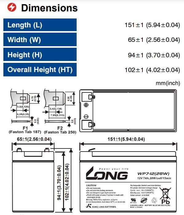 Ắc Quy LONG 12V-7AH, WP7-12 (28W) - Hàng Chính Hãng