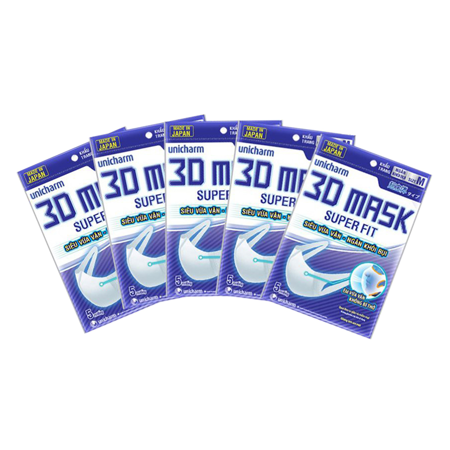 Bộ 5 Hộp Khẩu Trang Ngăn Khói Bụi Unicharm 3D Mask Superfit