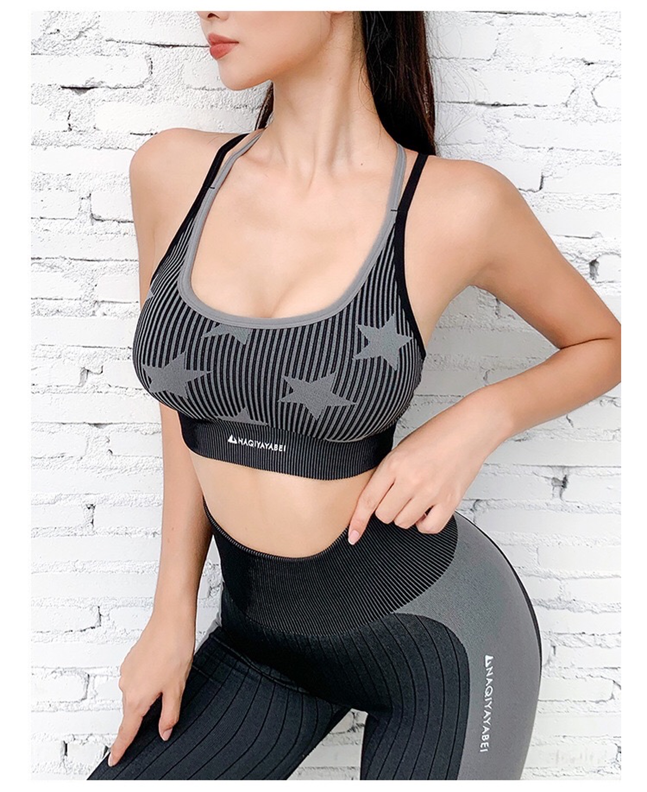 Bộ Tập Yoga Gym Dệt Kim Naqi FY-141 Bra Dây Chéo  Họa Tiết Ngôi Sao Sang Trọng Tôn Dáng