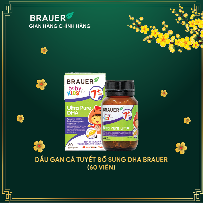 Viên mềm bổ sung DHA tinh khiết Brauer Baby & Kids Ultra Pure DHA cho trẻ từ 7 tháng tuổi (60 viên)