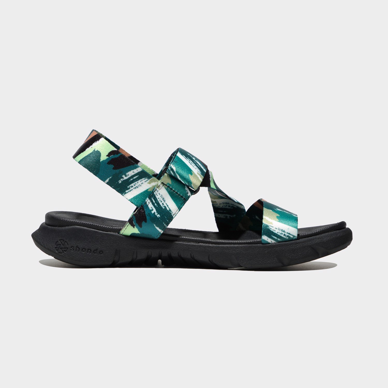 Giày sandal Shondo nam nữ đi học đế bằng đế đen quai vệt xanh lá F6S1040