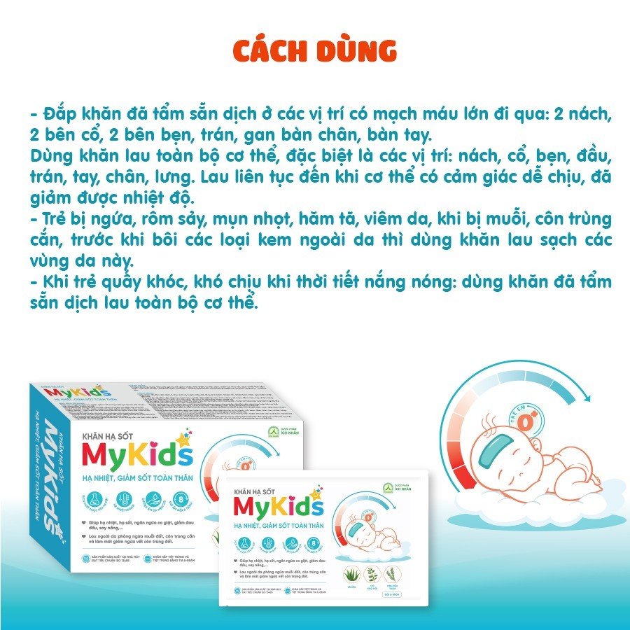 Khăn Lau Hạ Sốt MyKids Ích Nhân Hạ Nhiệt, Giảm Sốt Theo Tiêu Chuẩn Nhi Khoa, Ngăn Ngừa Co Giật - Hộp 4 Gói x 6 Khăn/Gói