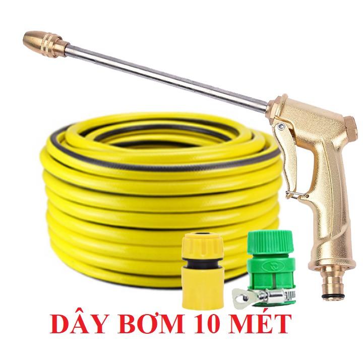 Bộ dây vòi xịt nước rửa xe, tưới cây . tăng áp 3 lần, loại 7m, 10m 206701-3 đầu đồng, cút,nối vàng+ tặng mở chai