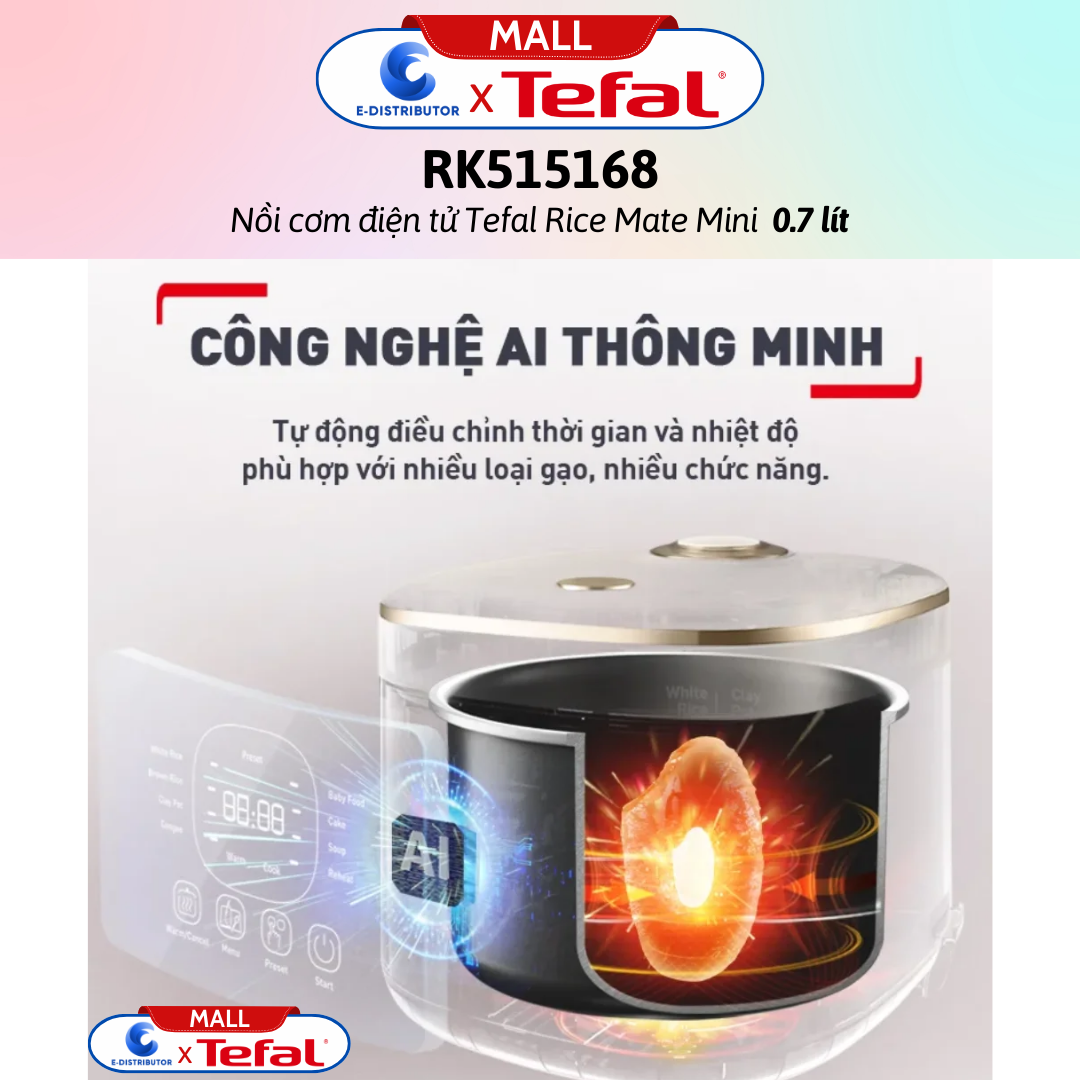 Nồi cơm điện tử Tefal Rice Mate Mini 0.7 lít RK515168 - Hàng Chính Hãng - Bảo Hành 12 Tháng - Dung tích: 0.7 lít Công suất:350W