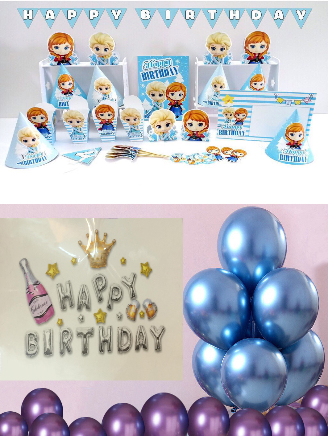 Bộ 8 món để bàn chủ đề ELSA&amp;ANNA  và 2 sét trang trí trí sinh nhật cho bé gái giao chữ HAPPY BIRTHDAY ngẫu nhiên (Quà tặng cho bé là 2 đôi đũa trẻ em dài 20cm)