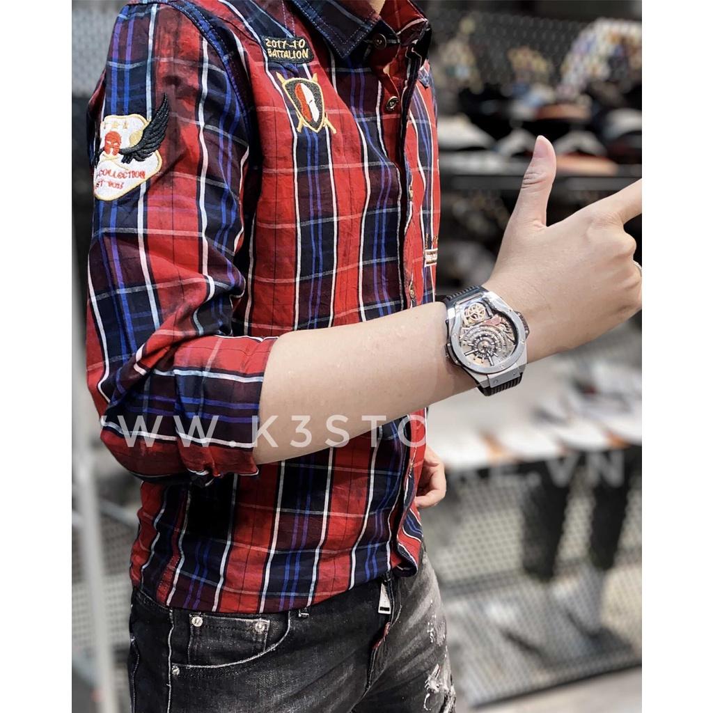 Áo sơ mi tay dài nam sọc caro thêu logo chiến binh la mã was loang full áo chất vải kanij nhật K3 STORE