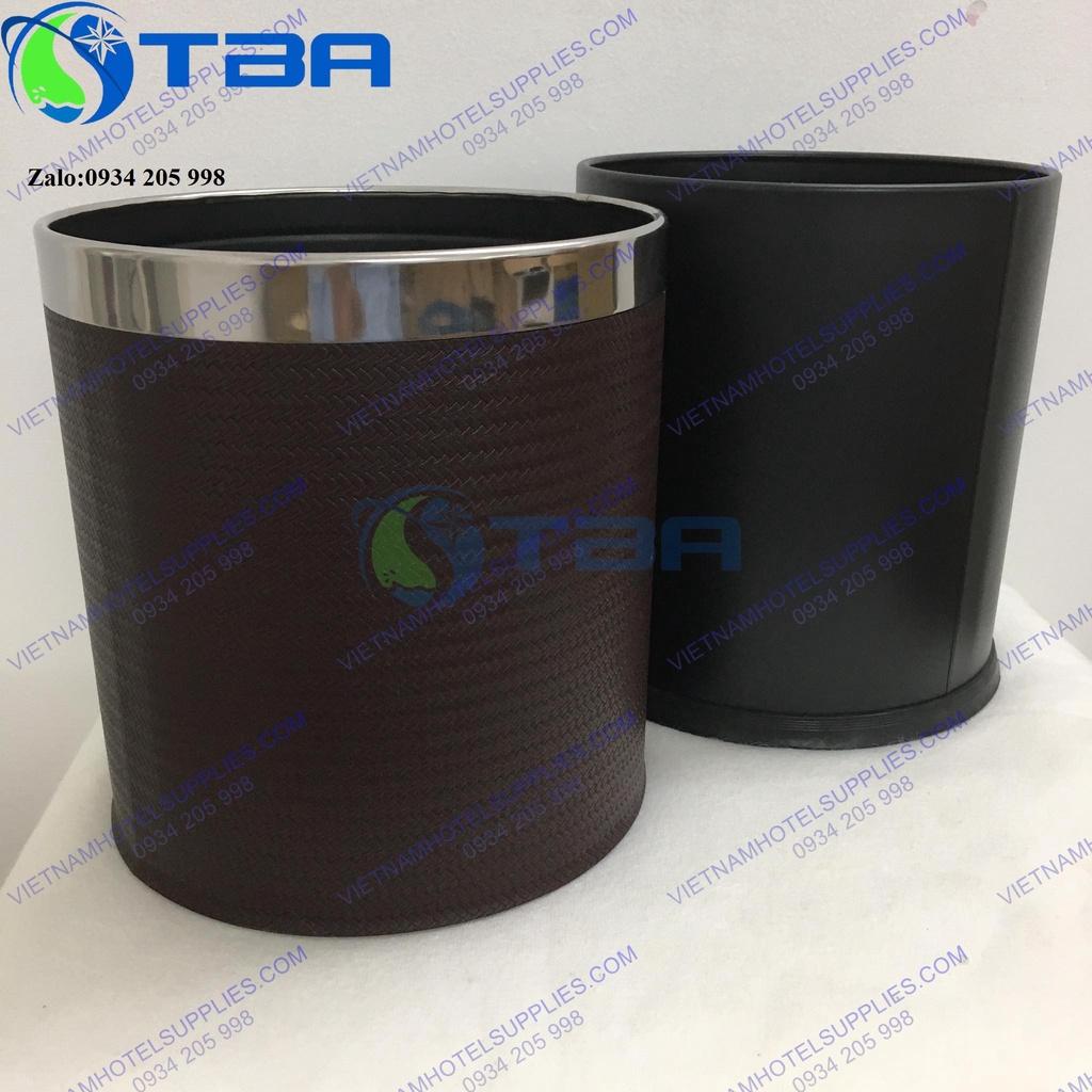 Thùng rác đặt phòng 2 lớp bọc da màu nâu đậm cao cấp