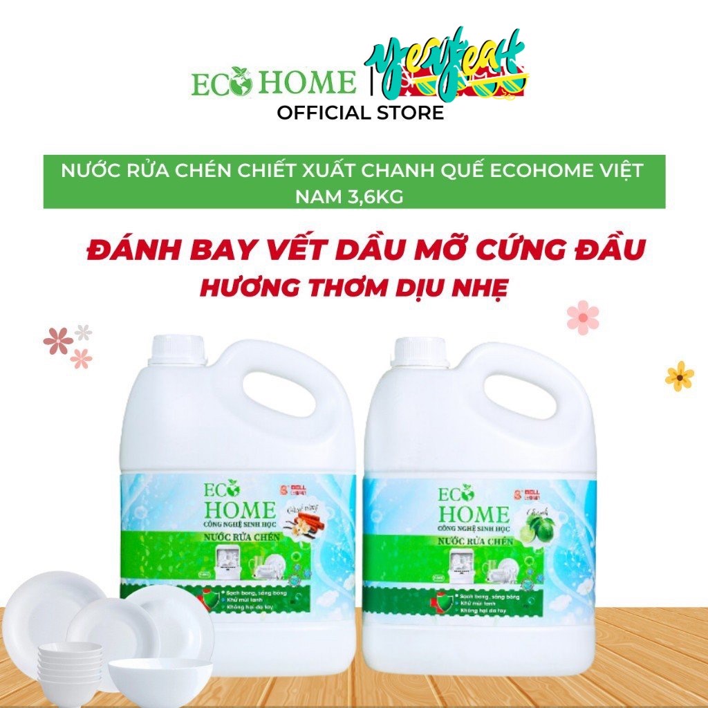 Nước Rửa Chén Công Nghệ Sinh Học ECOHOME 3.6kg Chiết Xuất Chanh Quế Giúp Sạch Vi Khuẩn Bám Bẩn Trên Chén Đĩa