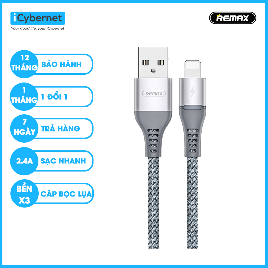 Cáp sạc USB to IP Remax RC-152i chiều dài 1m sạc 2.4A và truyền dữ liệu đồng thời 480MB/s có đèn tiện lợi - Hàng chính hãng