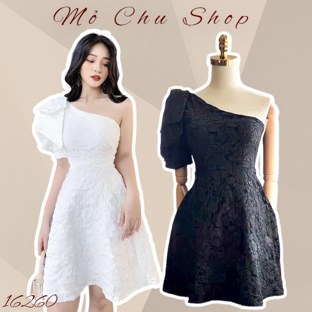 Đầm xòe gấm lệch vai nơ