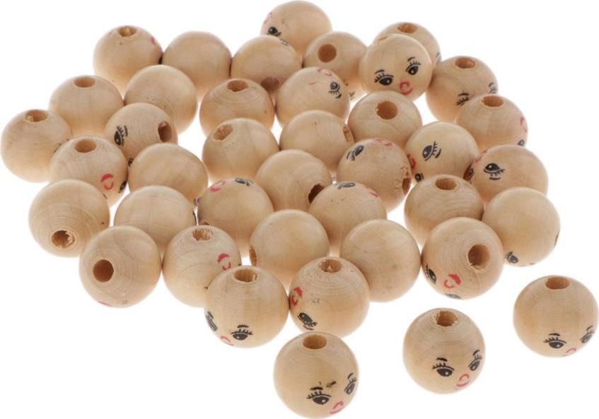 Set 40 Hạt Gỗ Tròn In Mặt Búp Bê Dùng Làm Trang Sức Độc Đáo