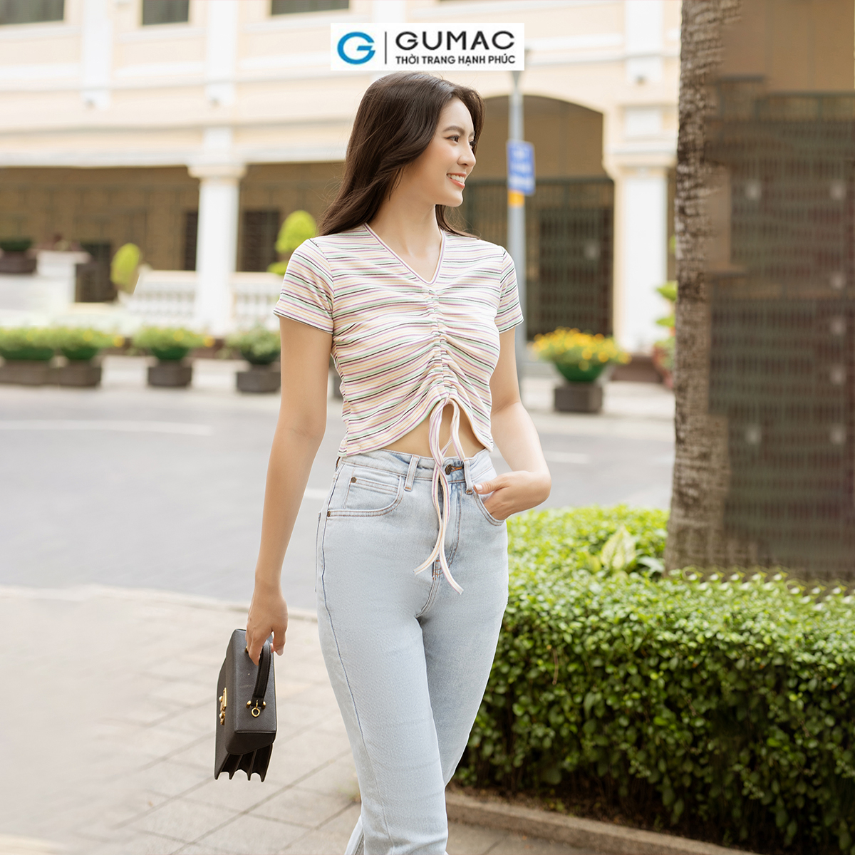Áo thun kiểu họa tiết sọc dây rút thắt nơ trẻ trung năng động thời trang GUMAC ATD06055