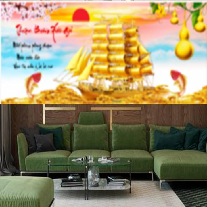 Tranh thêu thuận buồm xuôi gió thuyền vàng hồ lô 223158 - kích thước: 125 * 55cm.