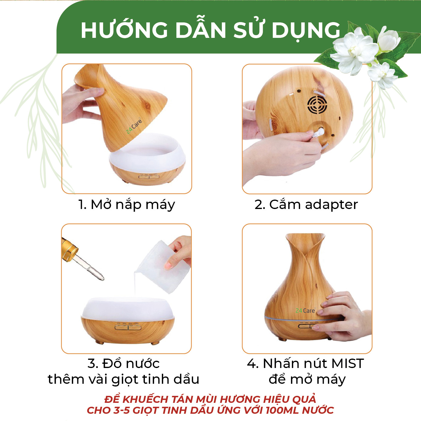 Máy khuếch tán Tinh Dầu 24Care Tulip màu Vàng Ultrasonic 500ml, Tặng 2  Chai Tinh dầu Sả Chanh + Bạc Hà 24Care 10ml | Xông Phòng | Kèm Remote Điều Khiển |Công nghệ siêu âm tiên tiến.