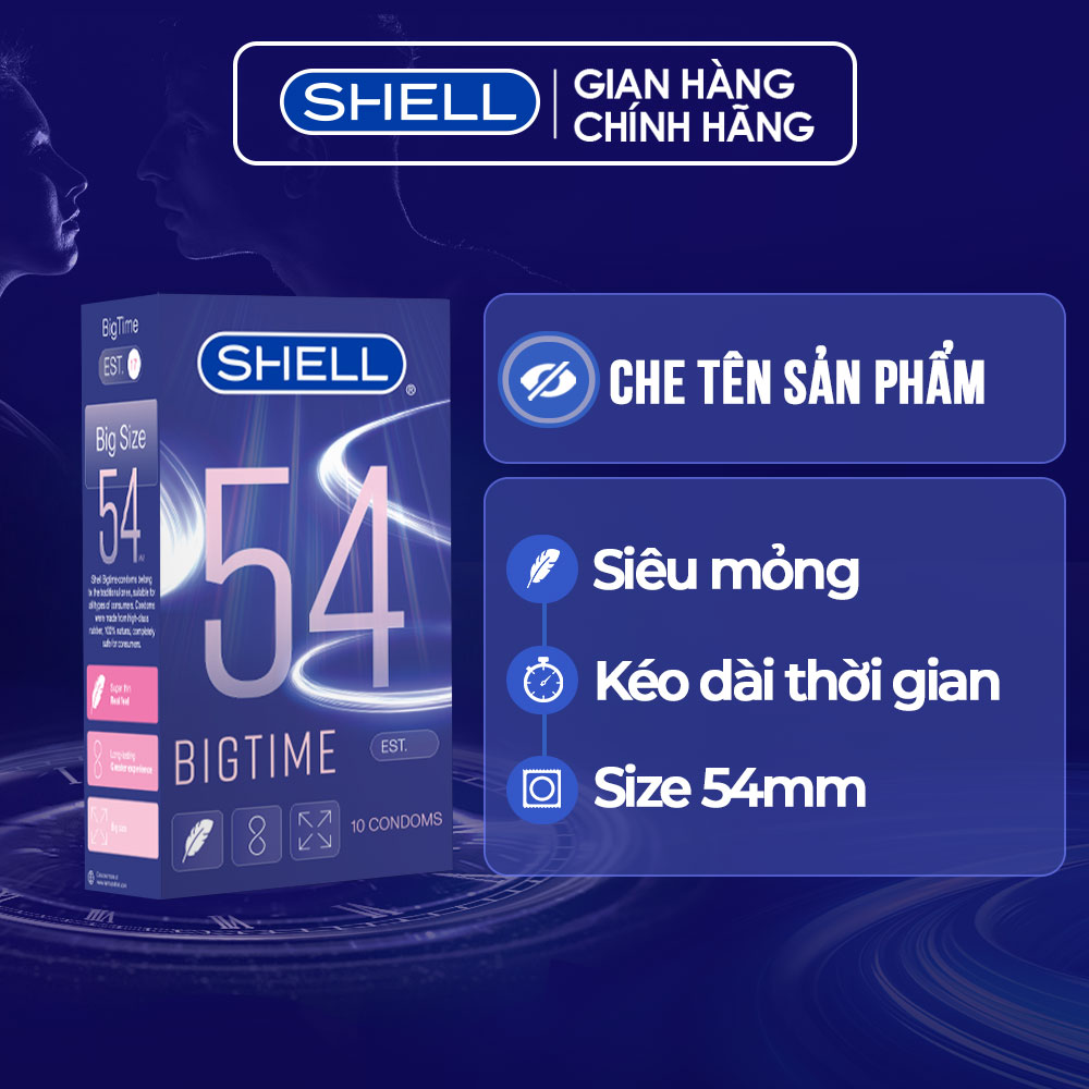 Bao cao su Shell Bigtime - Size 54mm, siêu mỏng, chống tuột, kéo dài thời gian - Hộp 10 cái | SHELL CHÍNH HÃNG