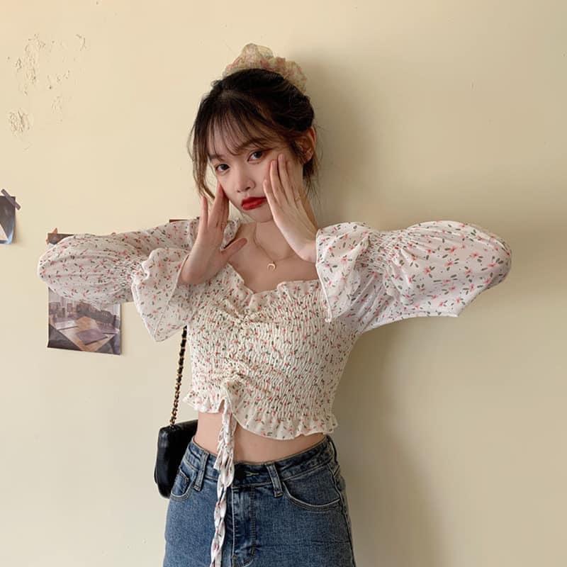 Áo croptop hoa nhí vintage chun bồng tay dài trễ Vai Thời Trang loại 1