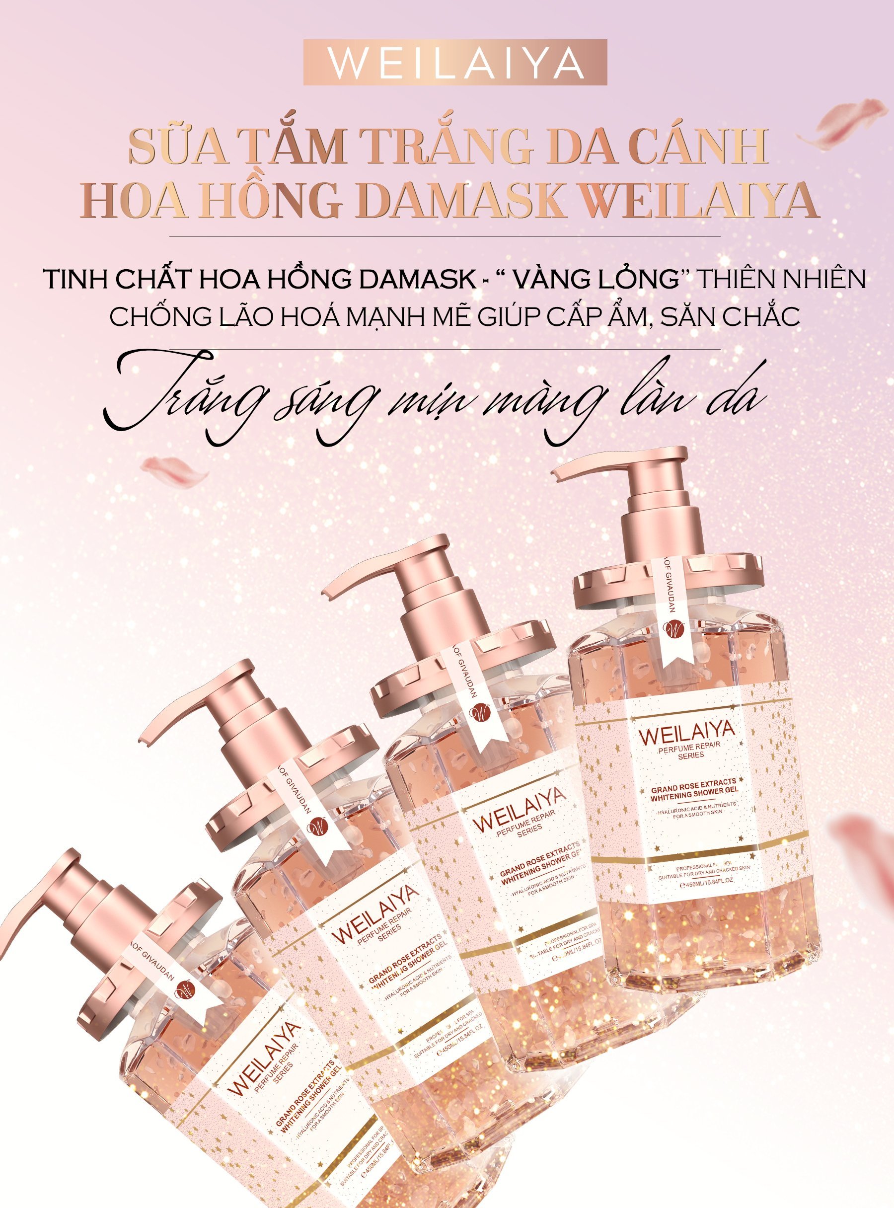 Combo 2 chai sữa tắm trắng da cánh hoa hồng Damask Weilaiya Grand Rose Extracts Whitening Shower Gel 450ml