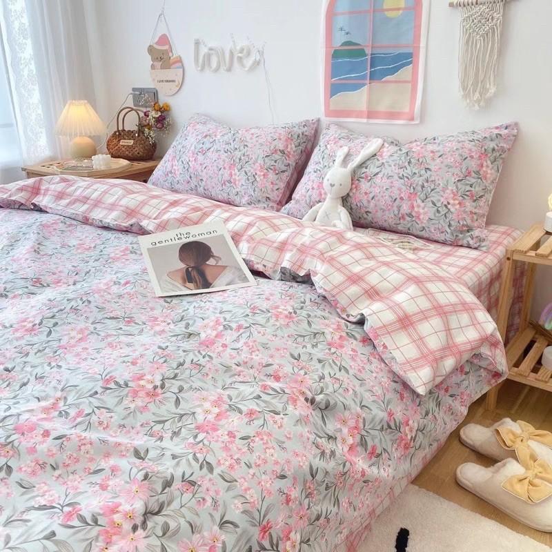 Set Cotton Living 100%cotton Hàng Nhập Khẩu Cao Cấp 4 Món Hoa Nhí Hồng