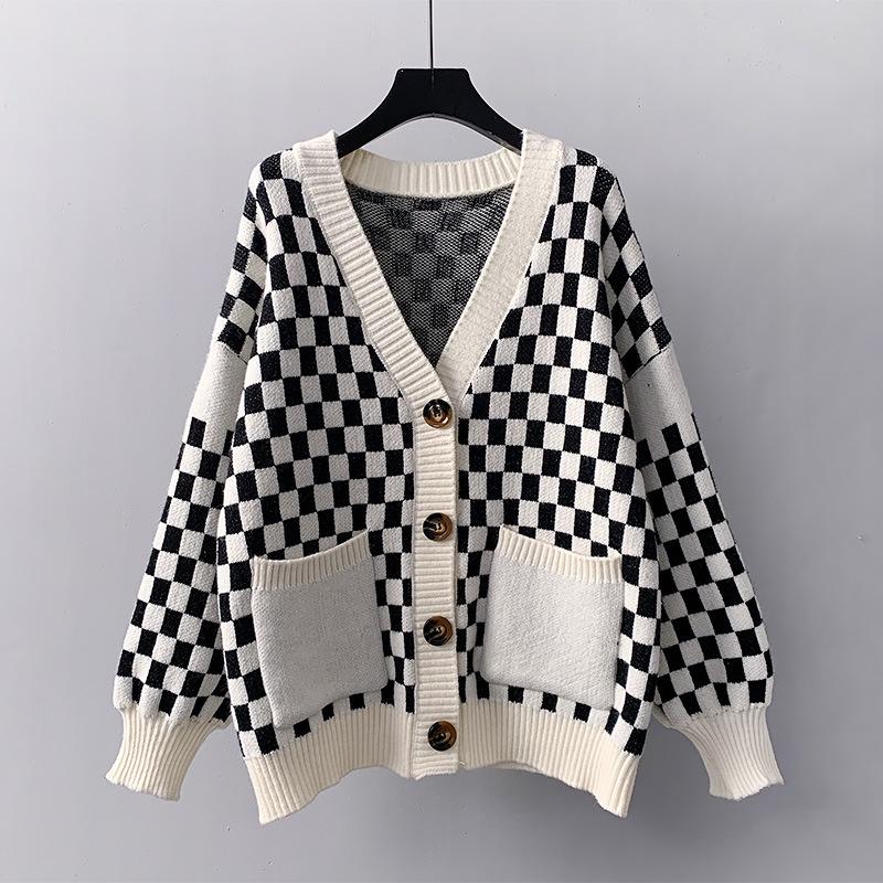 Hình ảnh Áo khoác len cardigan dệt kim kẻ sọc phối màu đen trắng Hadu shop