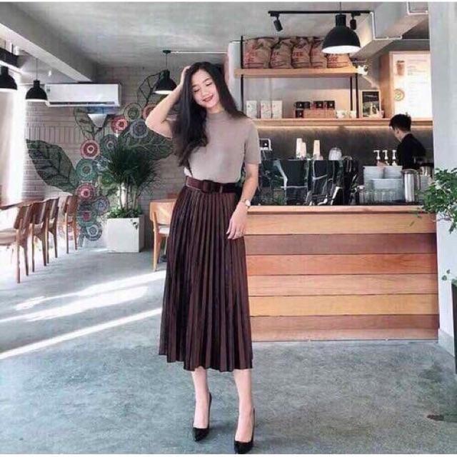 CHÂN VÁY XẾP LY NHUNG KÈM ĐAI