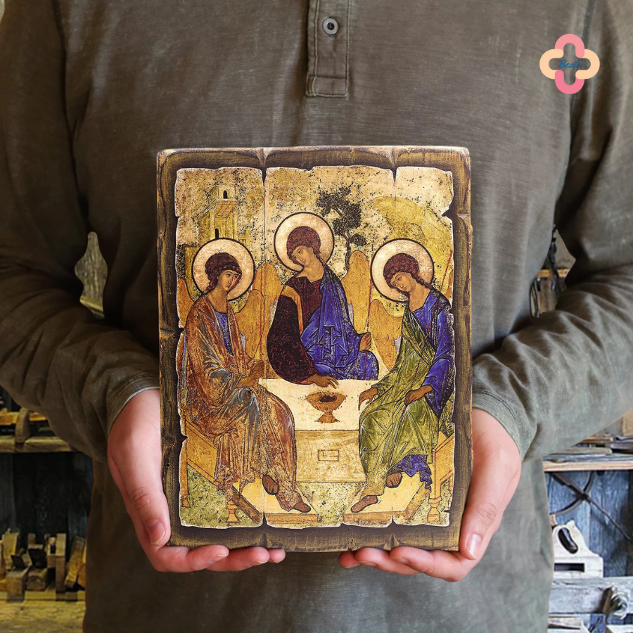 Icon Chúa Ba Ngôi Beati - Tranh Gỗ Thủ Công Màu Rustic / Icon of the Holy Trinity by Andrei Rublev