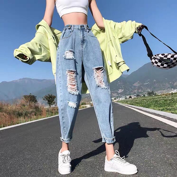 Quần jean nữ baggy lưng cao, quần bò baggy rách độc đáo có bigsize JB08