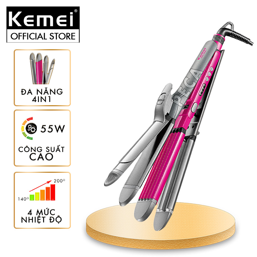 Máy làm tóc đa năng 4in1 Kemei KM-1397 điều chỉnh 4 mức nhiệt có thể duỗi tóc, uốn tóc, bấm xù chân tóc, uốn sóng hippie - Hàng chính hãng
