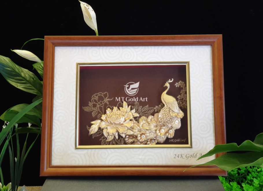 Tranh Chim Công Mẫu Đơn (25×32cm) MT Gold Art- Hàng chính hãng, trang trí nhà cửa, quà tặng dành cho sếp, đối tác, khách hàng