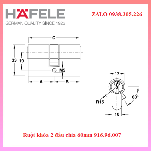 RUỘT KHÓA HAI ĐẦU CHÌA HAFELE 916.96.007