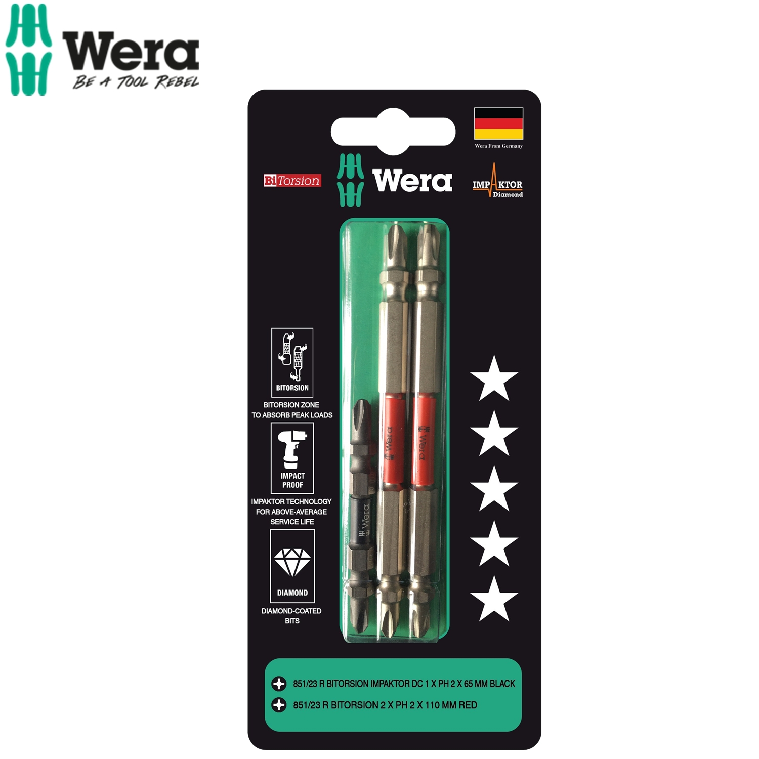 Bộ mũi vít cao cấp 2 đầu 4 cạnh Wera 05344518001 1xPH2x65mm Black và 2xPH2x110mm Red BiTorsion Impaktor DC dùng trực tiếp máy khoan bắt vít
