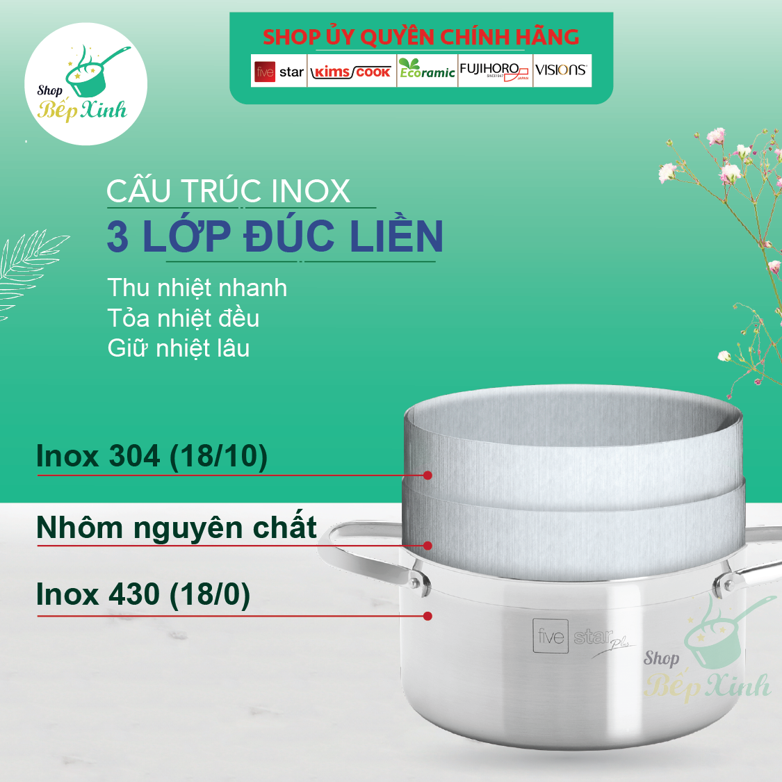 Bộ nồi 3 lớp đáy liền inox 304 bếp từ cao cấp Fivestar Plus nắp inox tặng 1 chảo chống dính vân đá Fivestar 22cm