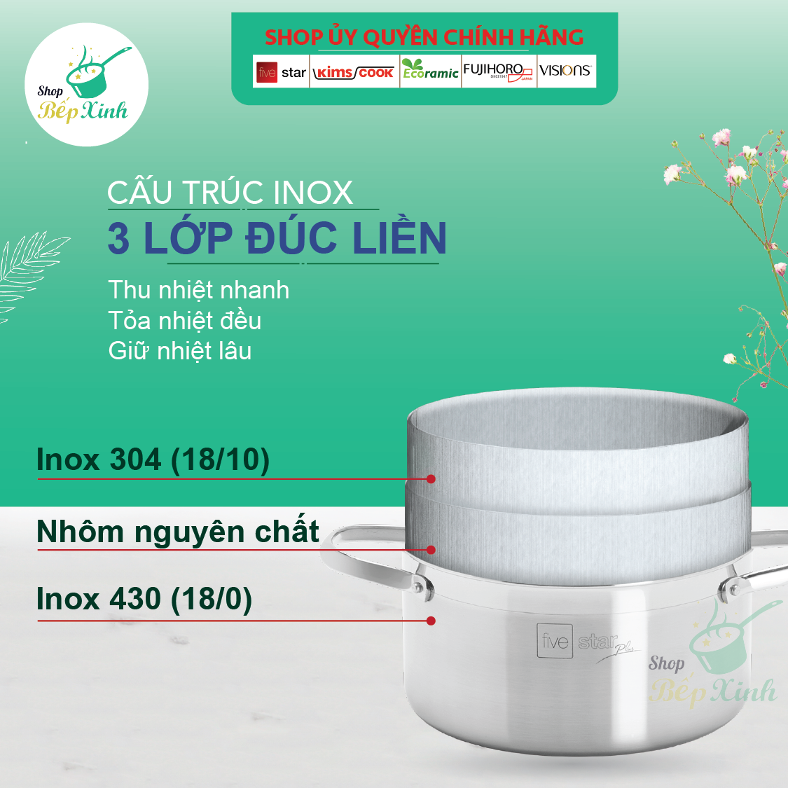 Bộ nồi 3 lớp đáy liền inox 304 bếp từ cao cấp Fivestar Plus nắp inox tặng 1 chảo chống dính vân đá  Fivestar 22cm