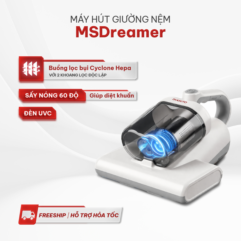 Máy hút bụi giường nệm cầm tay Masuto MSDreamer - UV diệt khuẩn, 2 buồng lọc bụi Cyclone Hepa, lực hút mạnh 13000Pa - Hàng chính hãng