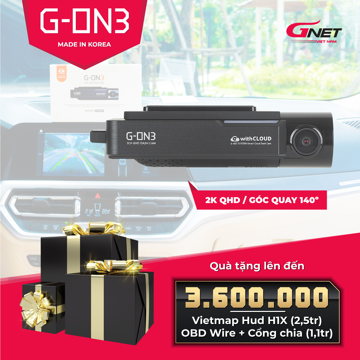 [Hỗ trợ lắp đặt] CAMERA HÀNH TRÌNH CHUYÊN DỤNG HÀN QUỐC GNET G-ON 3 - HÀNG CHÍNH HÃNG