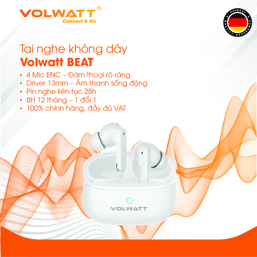Tai nghe không dây Volwatt Beat hàng chính hãng | TWS Bluetooth 5.4, 4 Mic ENC chống ồn, Pin 5–6h + Hộp 400mAh, BH 12 tháng
