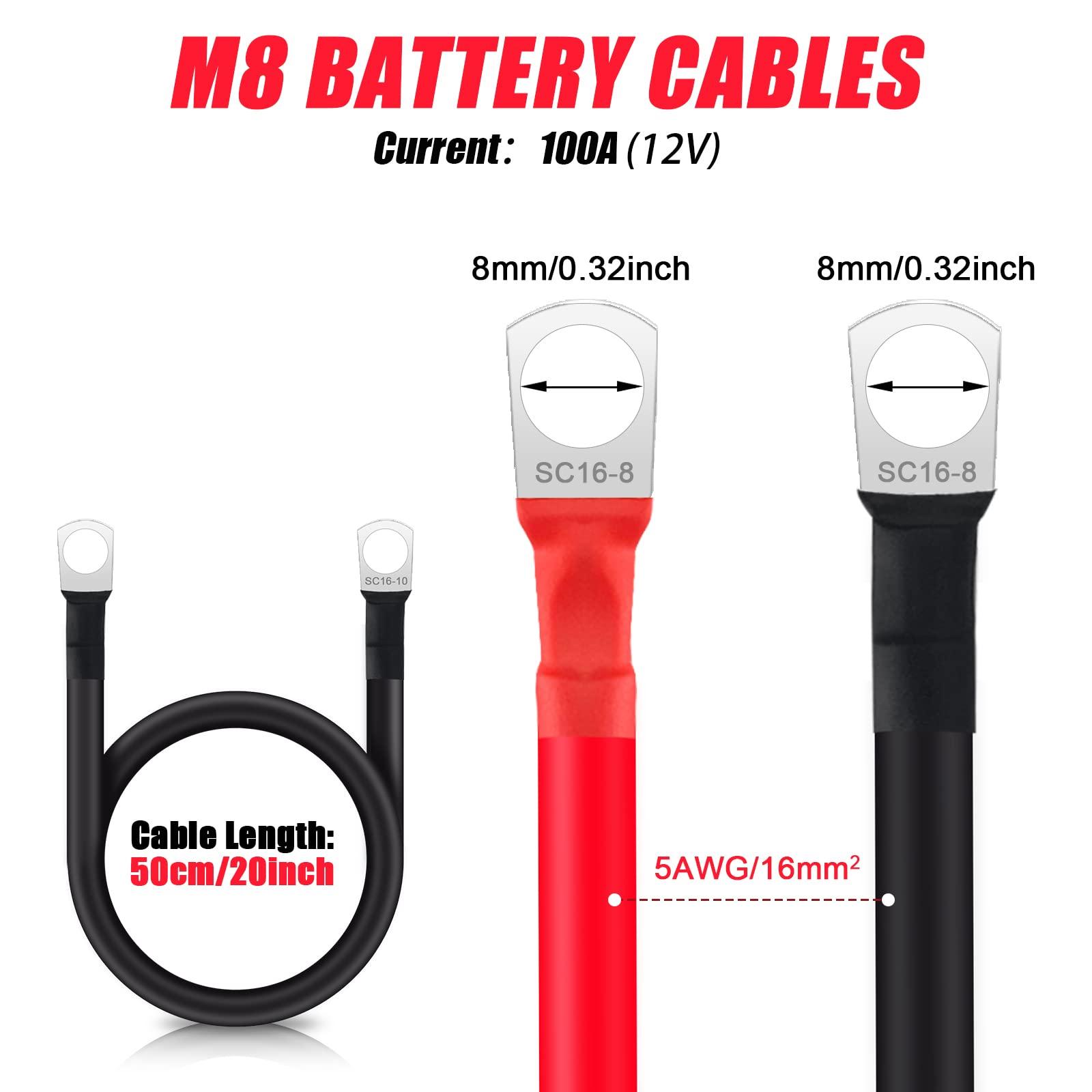 2 mảnh cáp pin M8 50cm, cáp pin 12V Cáp pin 16mm2 đồng, cầu nối nguồn điện, pin ô tô cộng với cáp với 2 màn hình, cho cáp điện mặt trời xe máy, v.v.