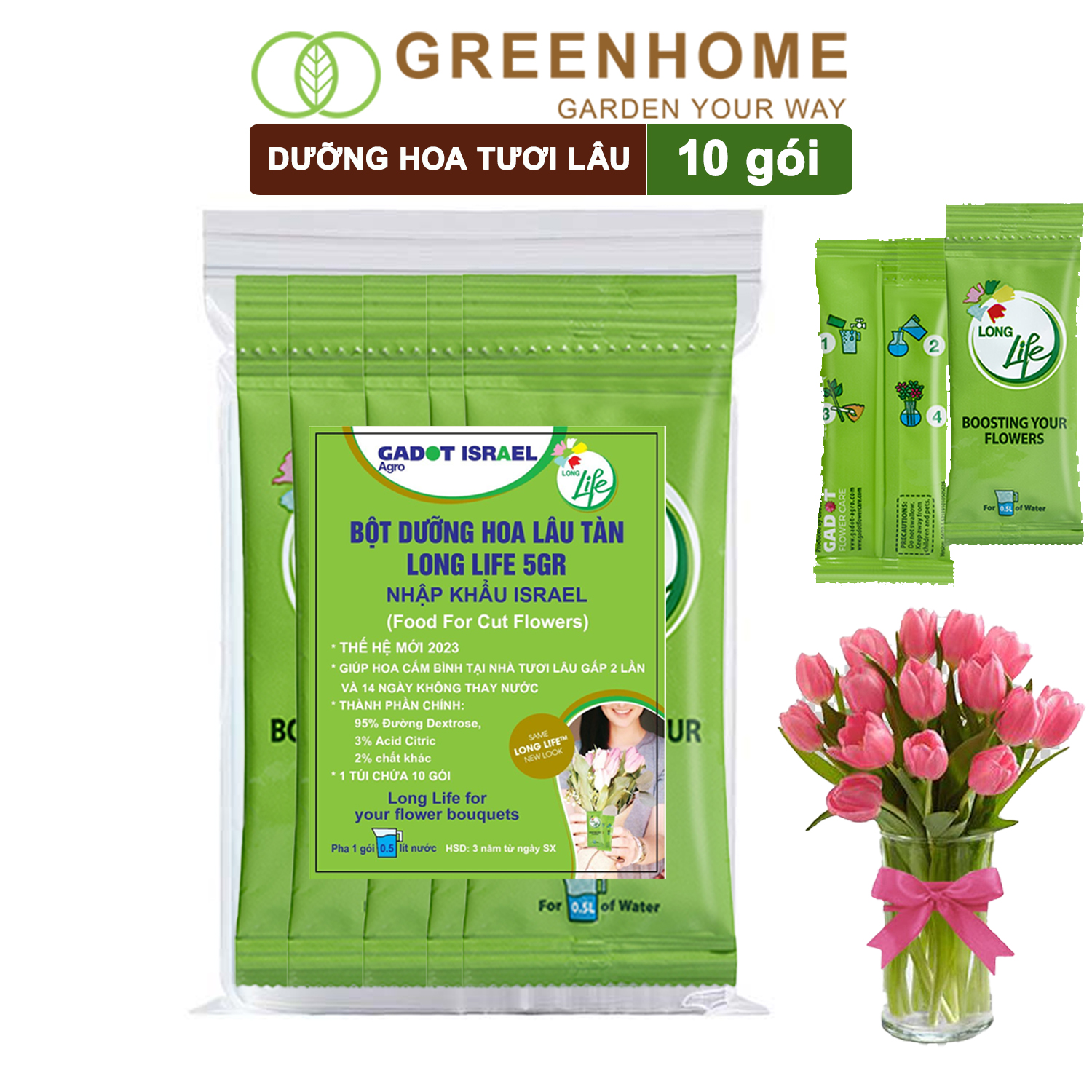 10 gói Dưỡng hoa lâu tàn Long Life, gói 5gr, hoa tươi lâu, nở bông to, không bị hôi nước |Greenhome