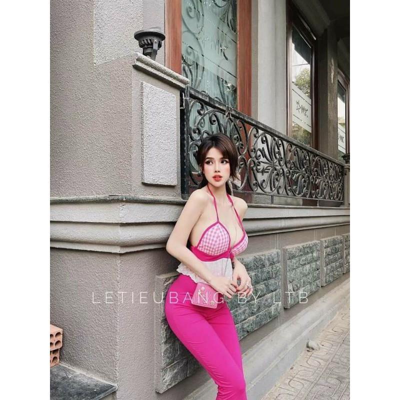 Sét áo 2 dây viền ren quần legging