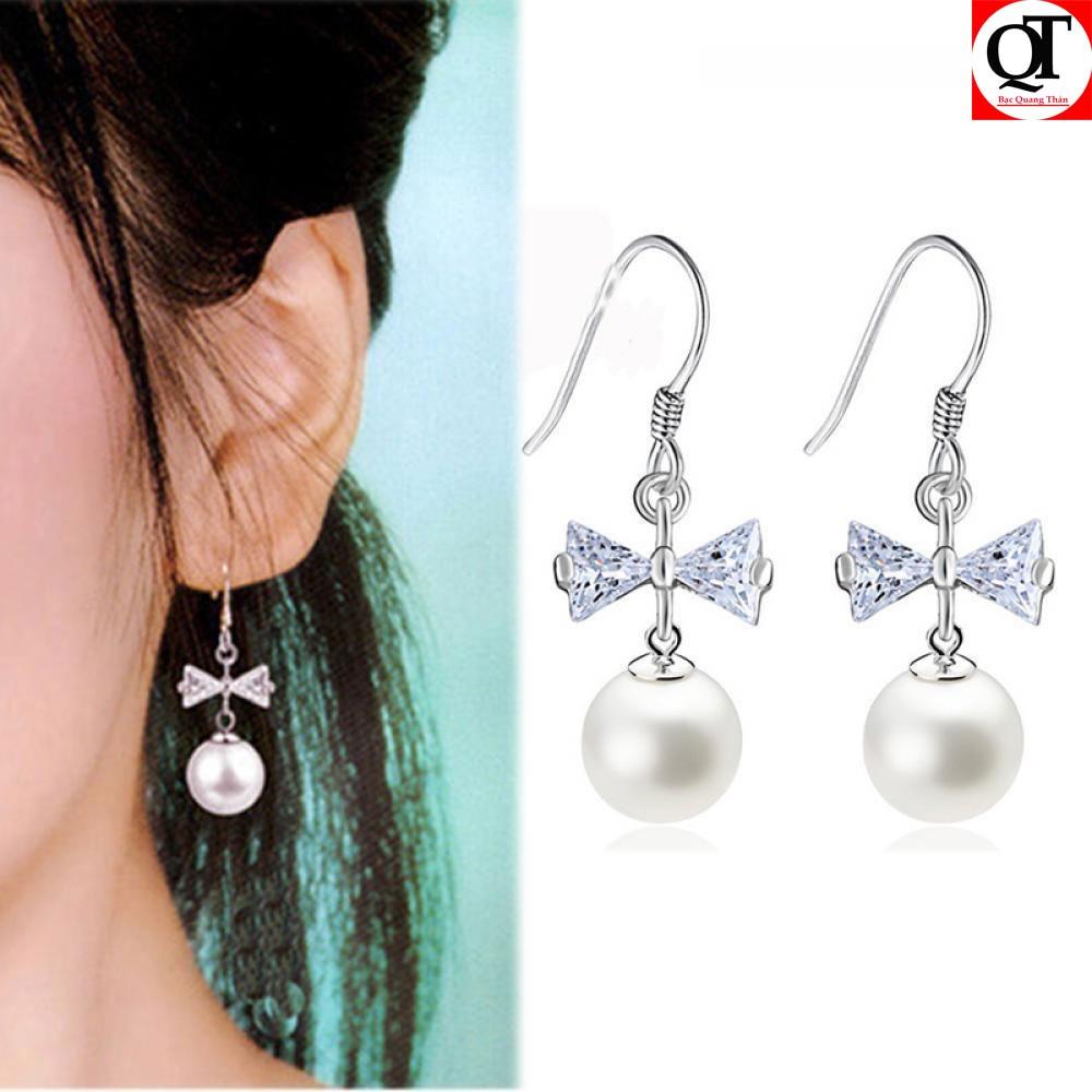 Bông tai nữ ngọc nhân tạo kiểu dáng dài gắn đá cobic trắng đeo sát tai 100% chất liệu bạc trang sức Bạc Quang Thản