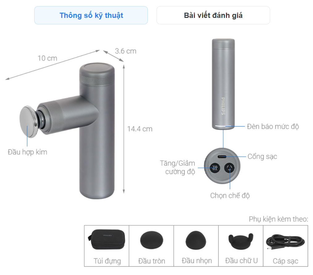 Máy Massage Cầm Tay Philips PPM7307 - Chườm Nóng - 4 Đầu Massage Đa Năng - Hàng chính hãng