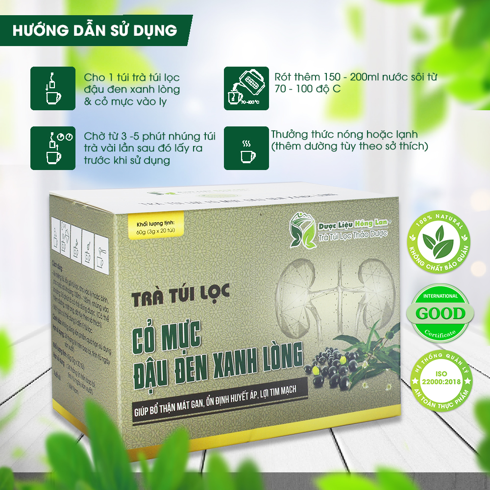 Trà Túi Lọc Cỏ Mực & Đậu Đen Xanh Lòng 60g Dược Liệu Hồng Lan